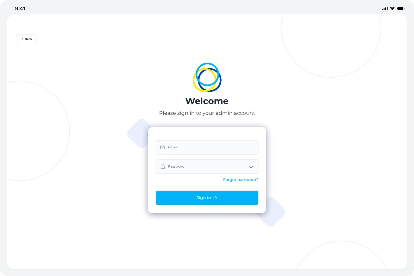 Admin login screen — enter your email and password to access the admin panel