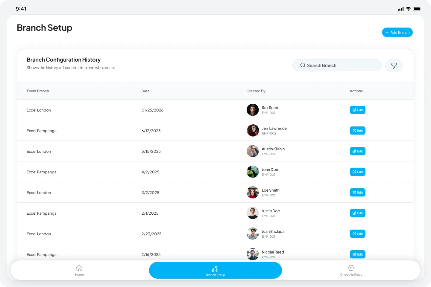 Branch Setup screen — tap + Add Branch to configure the kiosk for the current event