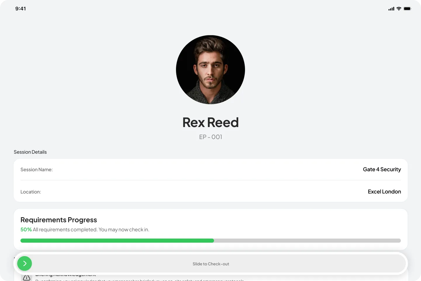 Step 8: Review your session details and slide to check in