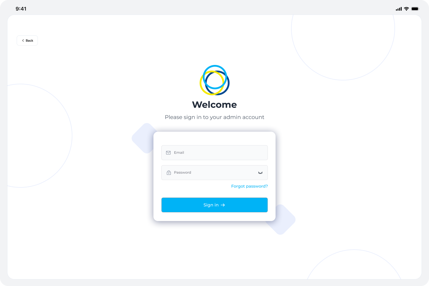 Admin login screen for kiosk configuration