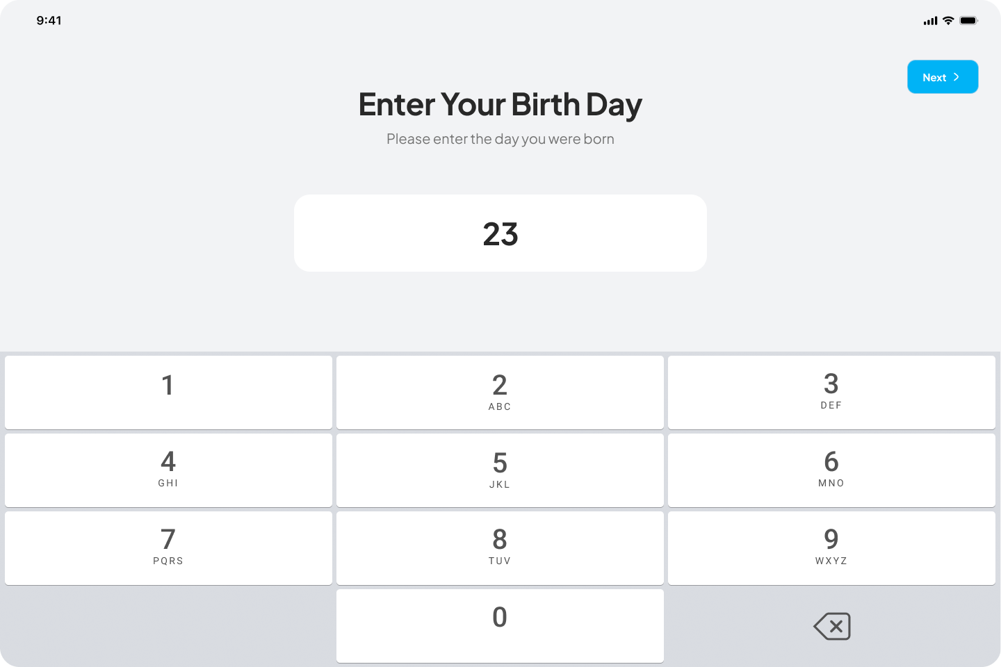 Worker entering birth day using numeric keypad
