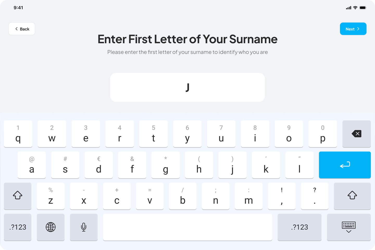 Worker entering first letter of surname for identity verification