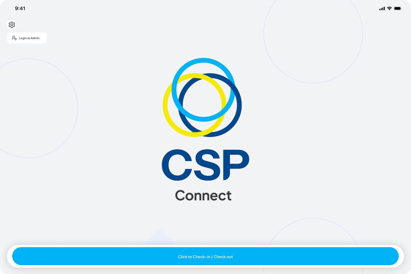 Kiosk idle screen with CSP Connect branding and Click to Check-in / Check out button