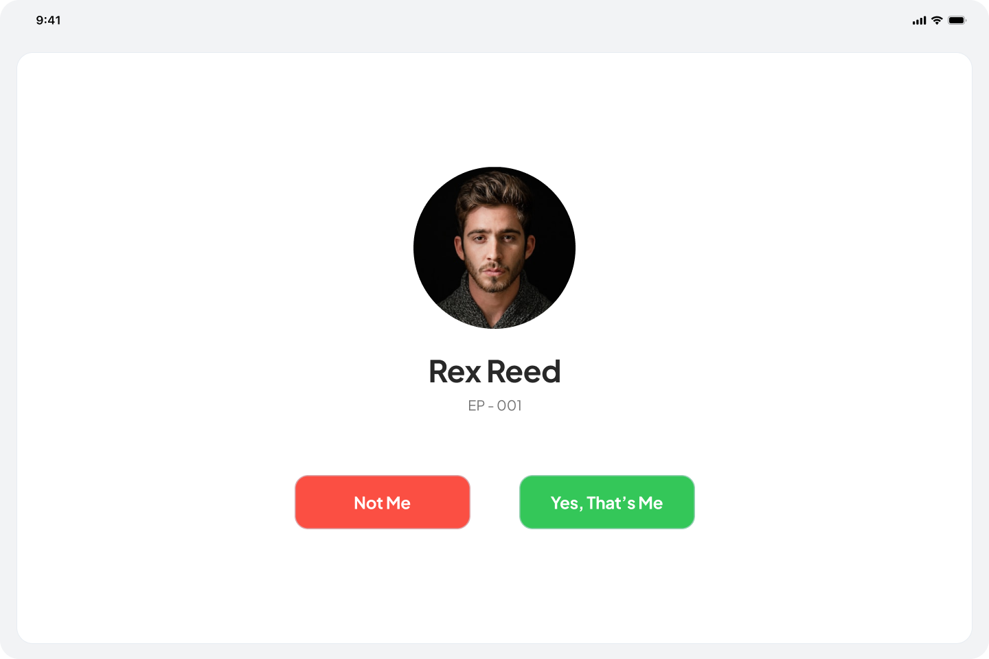 Worker confirmation screen showing matched profile with Not Me and Yes That's Me options