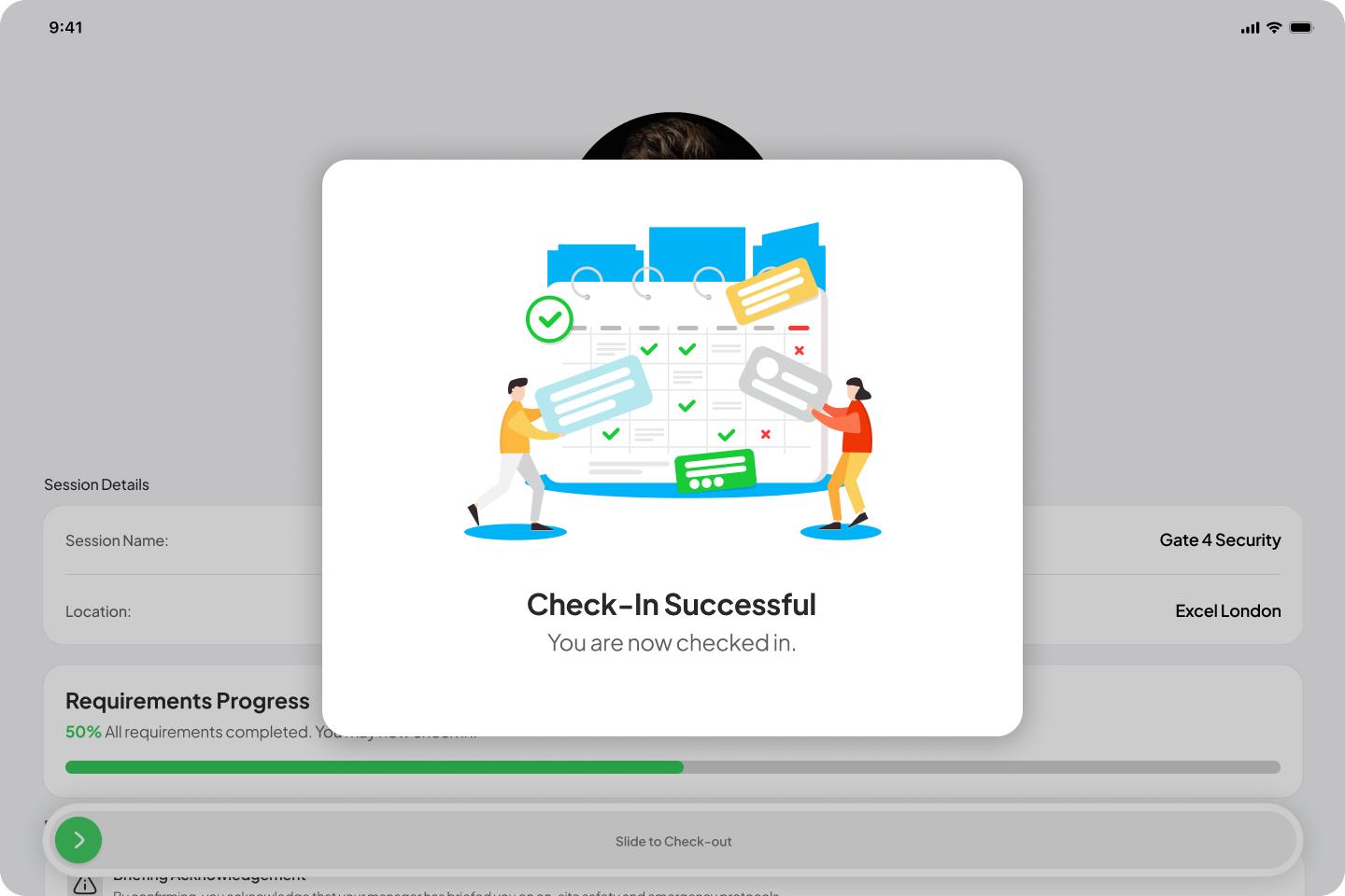 Check-In Successful confirmation modal