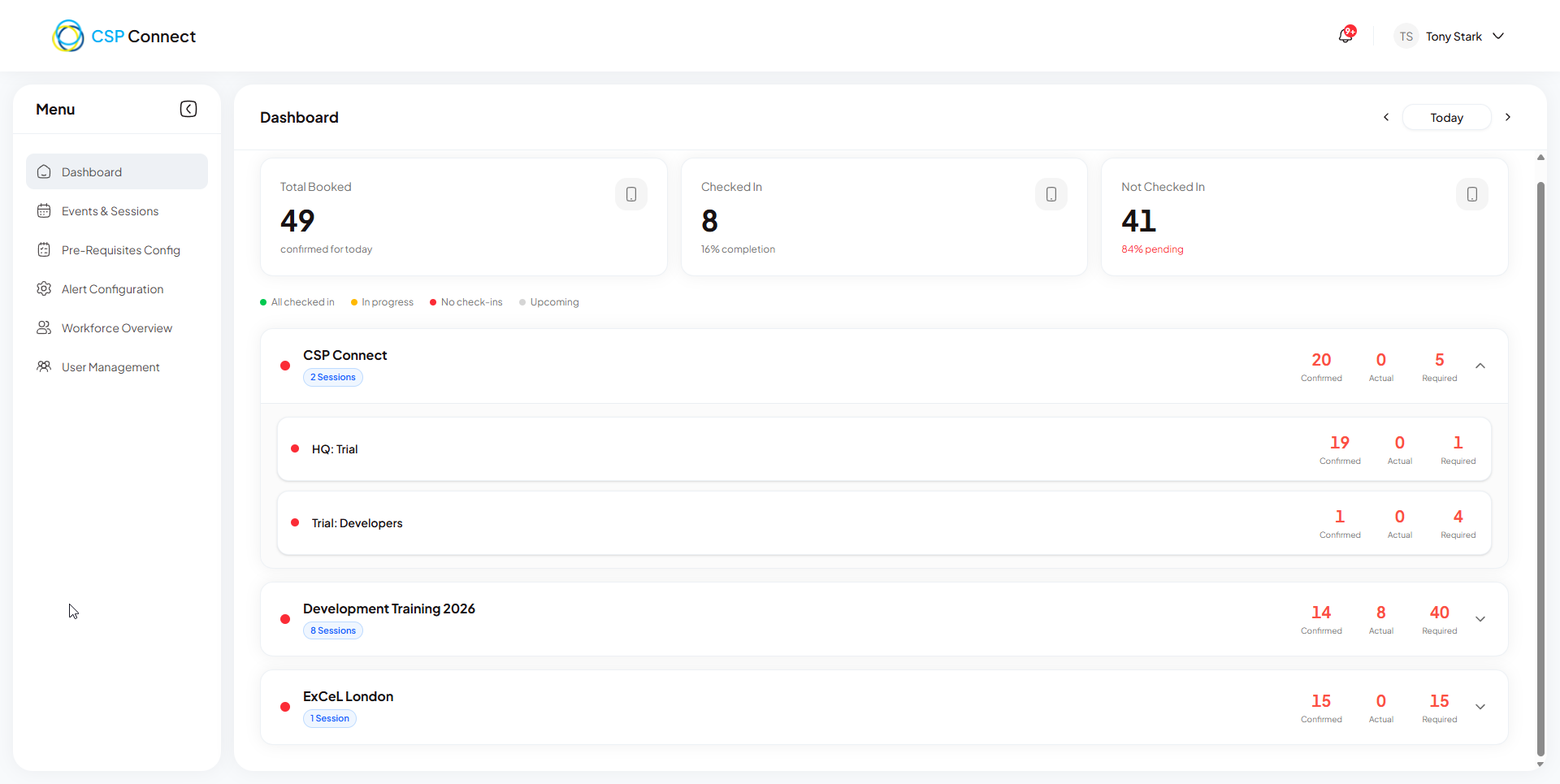 Dashboard page showing events, sessions, and check-in summary