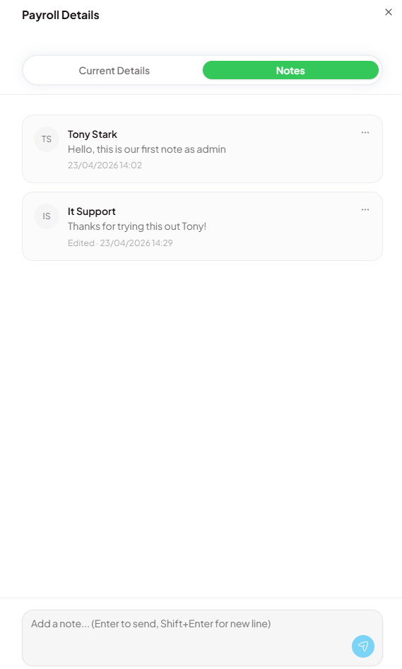 Payroll Details Notes tab showing threaded notes between admin and manager