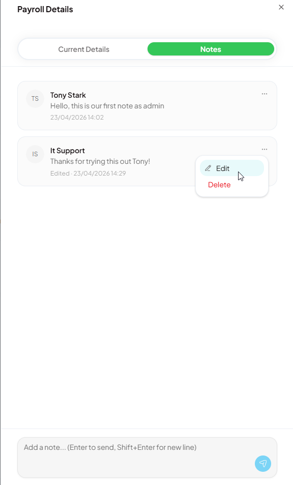 Edit and Delete options available on individual notes via the three-dot menu