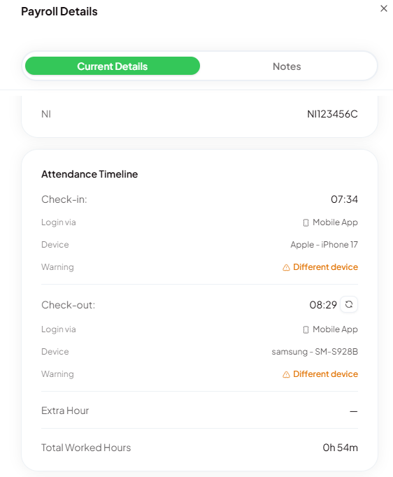 Different device warning displayed on both check-in and checkout rows when devices do not match