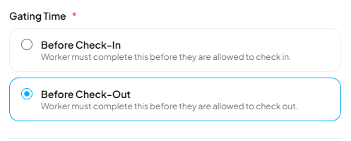 Gating Time selector showing Before Check-In and Before Check-Out radio options