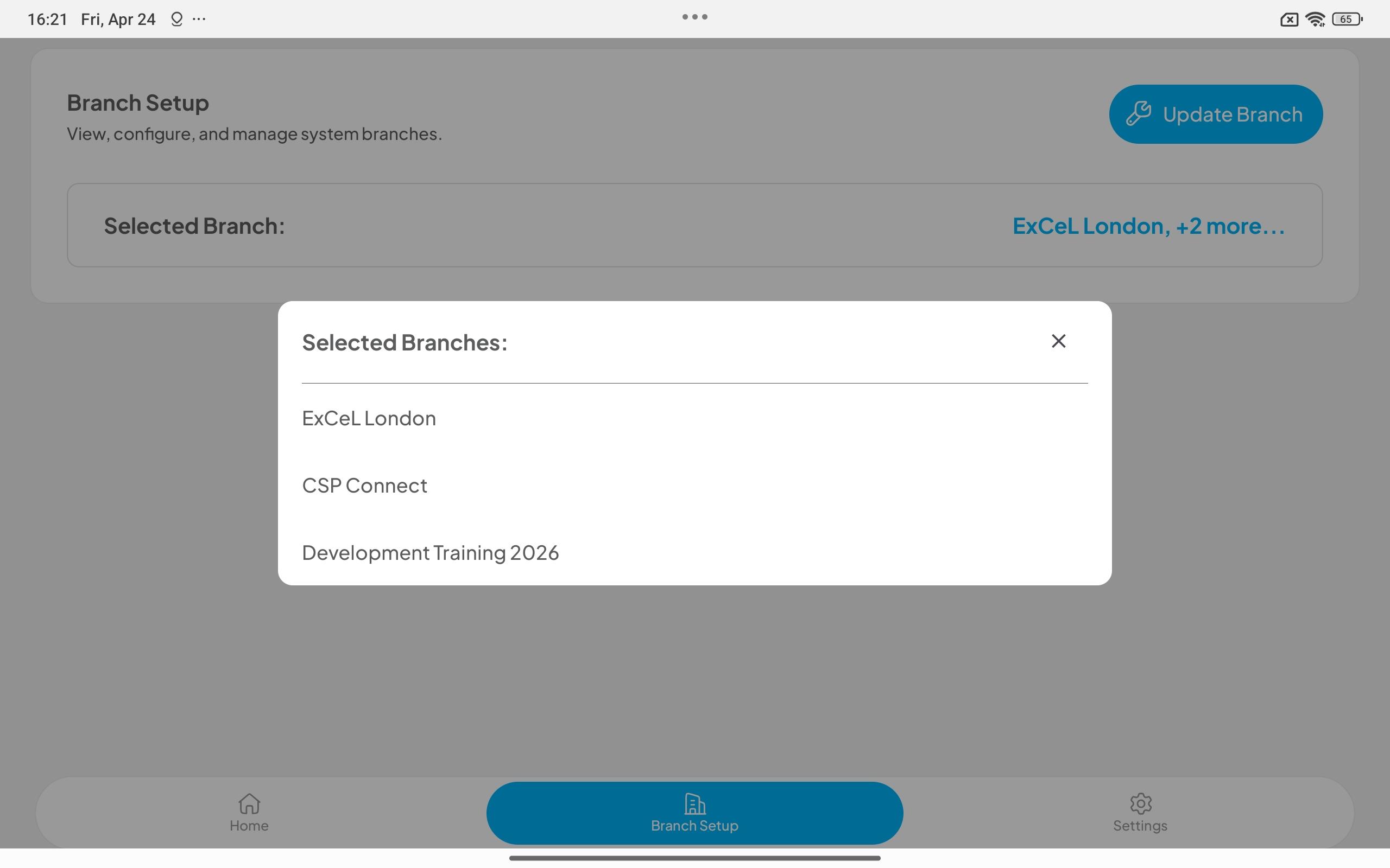 Branch Setup screen showing Selected Branches modal listing ExCeL London, CSP Connect, and Development Training 2026