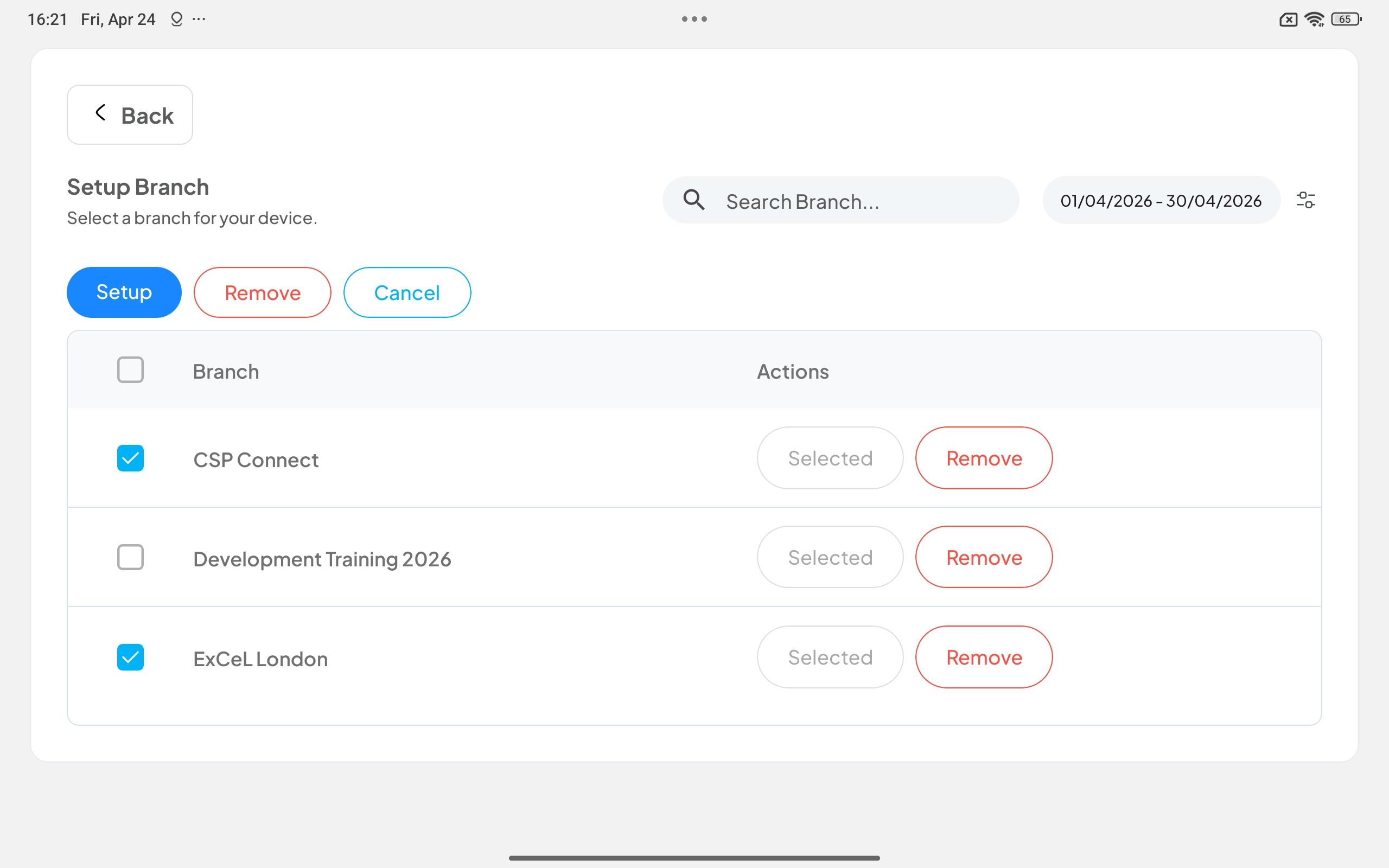 Setup Branch screen showing checkboxes per branch with Setup, Remove, and Cancel action buttons